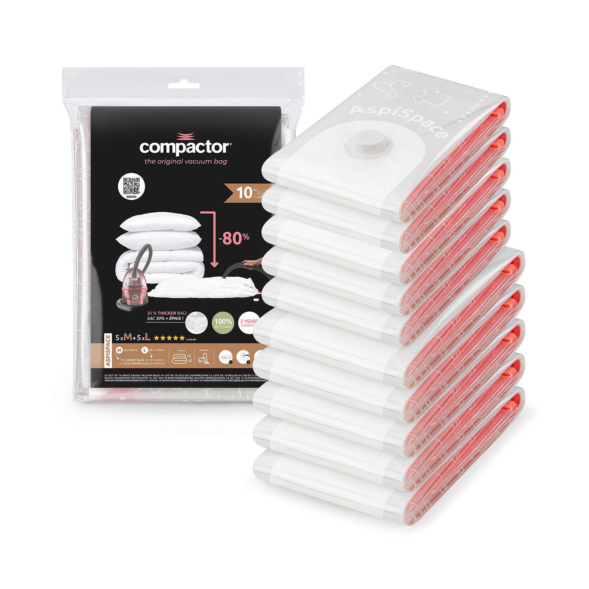 Compactor Aspispace Set of 10 Vacuum Compression Bags - 5 M / 5 L Sizes, Transparent, Durable Recyclable Material, Space Saving