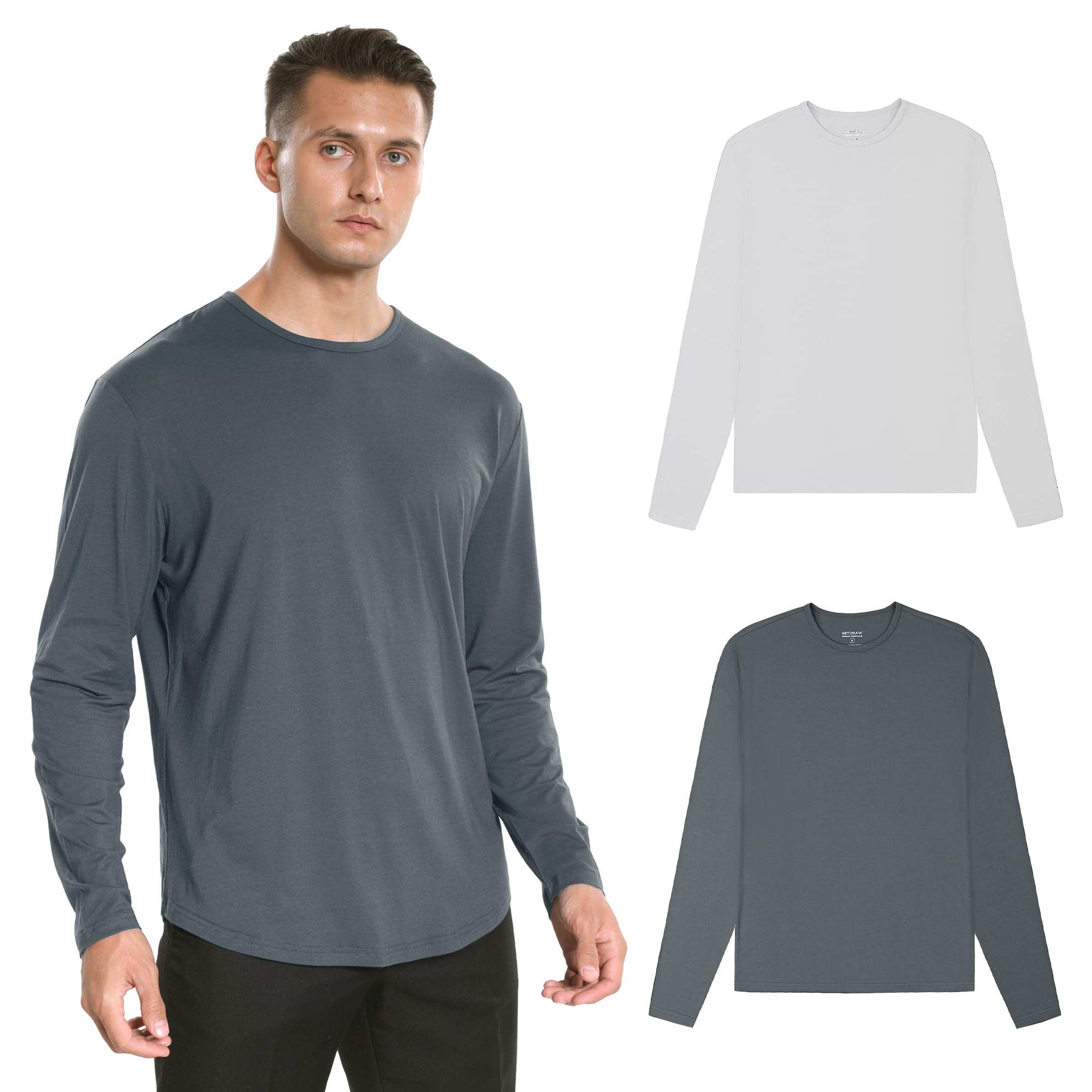 netdraw Men's Ultra-Soft Bamboo Viscose T-Shirt, Curved Hem Lightweight Cooling Cotton Blend Casual Tee, LS Platinum/Oil Grey, XLT Image