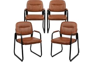 CLATINA Waiting Reception Chairs No Wheel, Leather Guest Chair with Padded Arms, Modern Brown Office Desk Chairs with Sled Base for Office Meeting Conference Room Lobby Home Living Room (4 Pack)