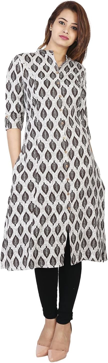 Bright Cotton Women's Rayon A-Line Printed Kurta (White)