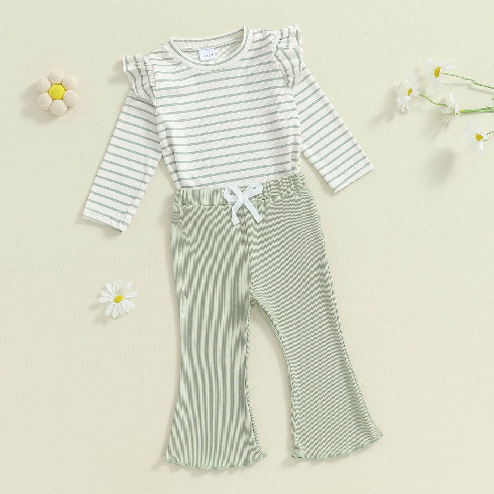 FOCUSNORM Toddler Baby Girl Outfits Ruffle Long Sleeve Striped Trim Tops + Flare Pants Set Toddler 2Pcs Fall Winter Clothes