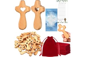 Bucherry 25 Set Olive Wood Cross My Heart Small Pocket Crosses with Bags and Prayer Cards Jesus Christian Holding Hand Crosses Bulk for Christmas Baptism First Communion Gift (Wood,2.36 Inches)
