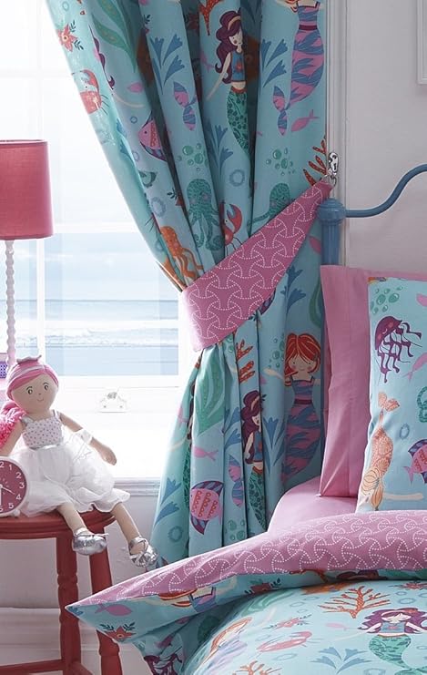 Kids Club Mermaid Girls Bedroom Pencil Pleat Lined Curtains Set 66