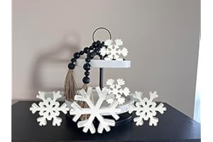 JOYAVO 5Pcs Christmas Wooden Snowflake Decor Winter Wood Snow Flake White Distressed Snowflakes for Farmhouse Rustic Fireplace Xmas Tiered Tray Country Table Shelf Decoration Photo Props