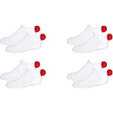 NEW! Pom Pom Socks Girls (4 Pair) Youth - Lowcut Ped Socks Pom-Pom Athletic Socks - Fits Kids Shoe Size: 9-3 (Red 4 Pair)