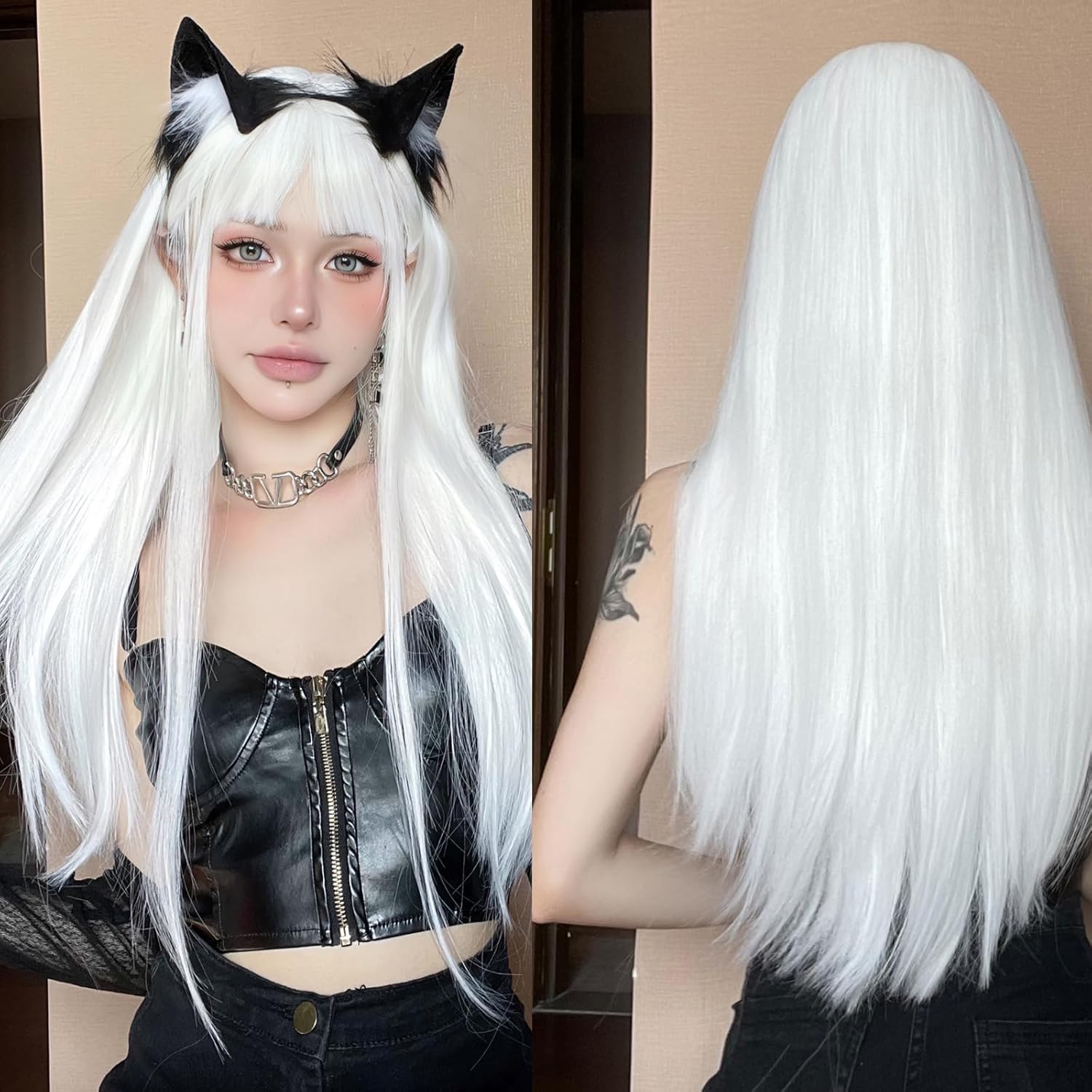 PORSMEER White Wigs for Women with Bangs Long Straight Natural Layered Wigs Synthetic Heat Resistant Hair for Girls Daily Party Use (White) — image 1