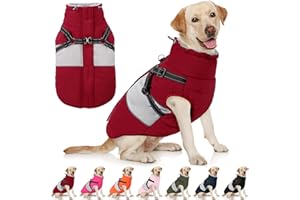 AOFITEE Dog Winter Coat, Dog Christmas Sweater, Dogs Coat with Harness Built in, Warm Jacket for Large Dogs, Reflective Waterproof Pet Puffer Jacket Snowsuit Windproof Pet Sweater, Burgundy XL
