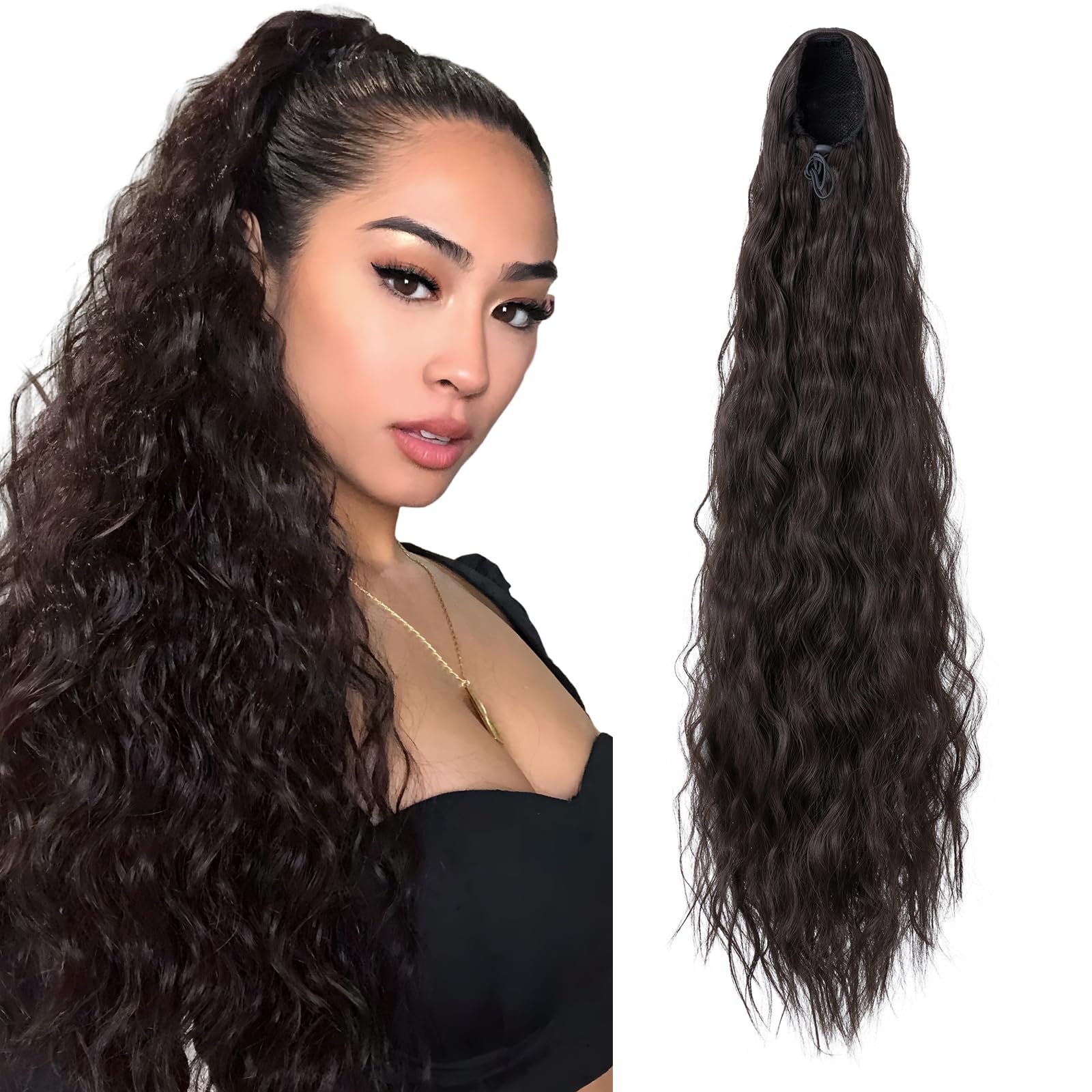 Ponytail Extension, 32 Inch Drawstring Ponytail Hair Extensions for Women，Long Curly Corn Wavy Ponytail Natural Wavy Synthetic Hairpiece for Women Daily Use Party, Natural Brown