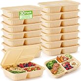Havawish 30 Pack(60 Pcs) 3 Compartments Compostable Plates with Lids | Meal Prep, Divided Sectional, Cornstarch Biodegradable, Lunch Bento Box for Halloween Thanksgiving Party, Buffet BBQ Catering