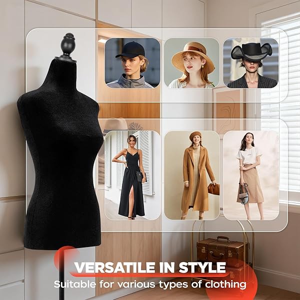 MANNEQUIN BODY DRESS FORM TORSO FEMALE MANIKIN 49.6-63.4 INCH HEIGHT ADJUSTABLE WOODEN TRIPOD STAND HIGH DENSITY FOAM PORTABLE DISPLAY MANNEQUIN (BLACK)