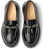 BEAU TODAY Chunky Loafers for Women,Womens Platform Loafer Shoes,Chunky Heel Lug Sole Slip-on Tassel Shoes,Comfort Round Toe Business Work Office Shoes Black-B US 8