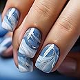 MISUD Press on Nails Short Square Fake Nails Glossy Glue on Nails Summer Blue Ombre Acrylic Nails Squoval Artificial Nails Gold Swirl Stick on False Nails with Design 24 pcs