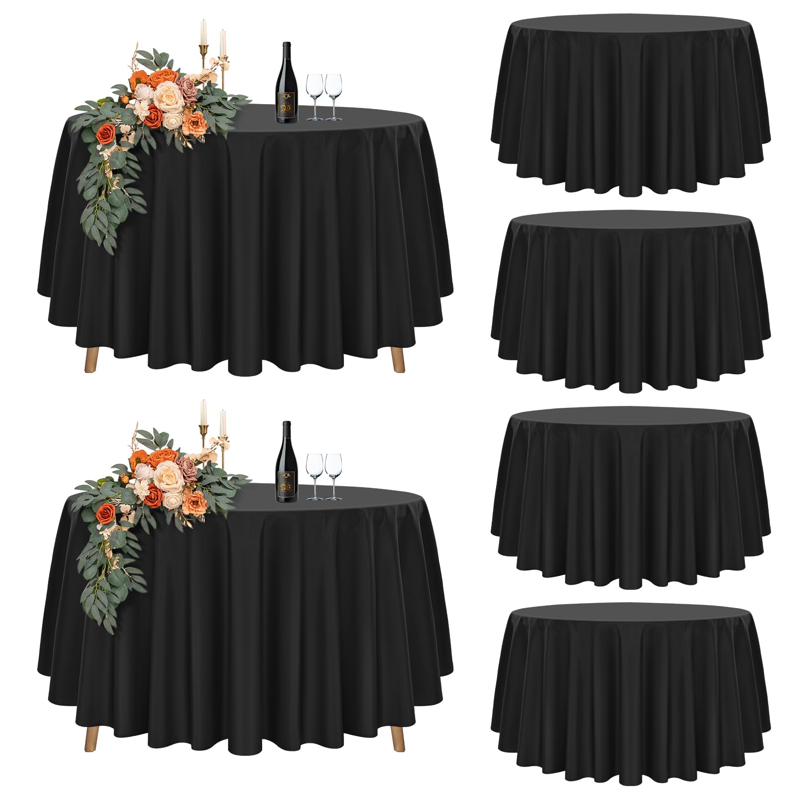 Teruntrue 6 Packs Black Round Tablecloth 178cm Diameter, Round Table Cover for Ø75-105cm Tables, Polyester Waterproof Washable Round Table Cloth for Wedding Party Buffet Camping Restaurant (70 inch) — image 1