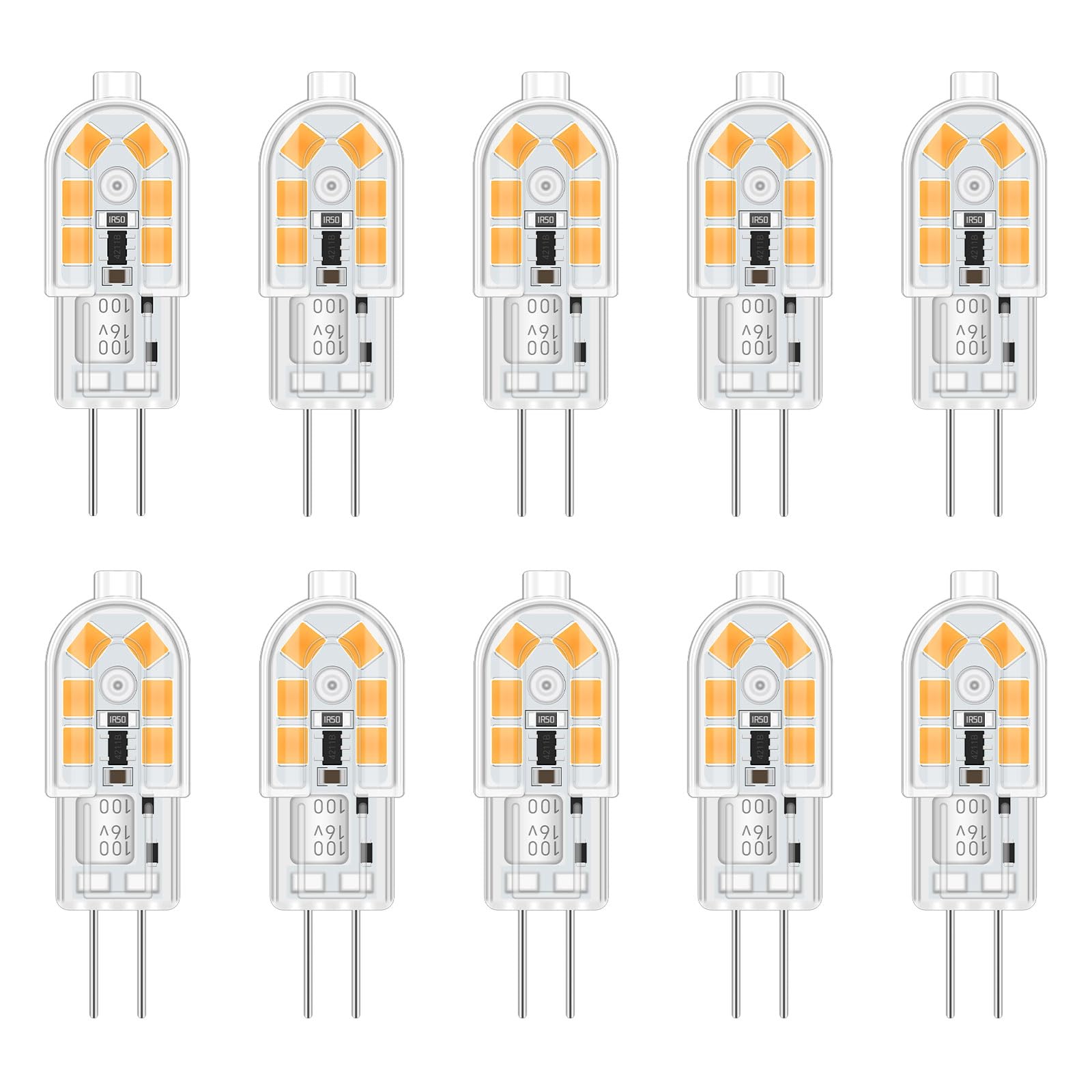 Akynite G4 12V LED Light Bulbs 2W Warm White 3000K, not dimmable, Replacement for Bipin Halogen Bulb G4 10W-20W, 200LM, AC DC 12V Bi Pin Capsule LED for Cooker Hood/Chandelier, 10-Pack — image 1