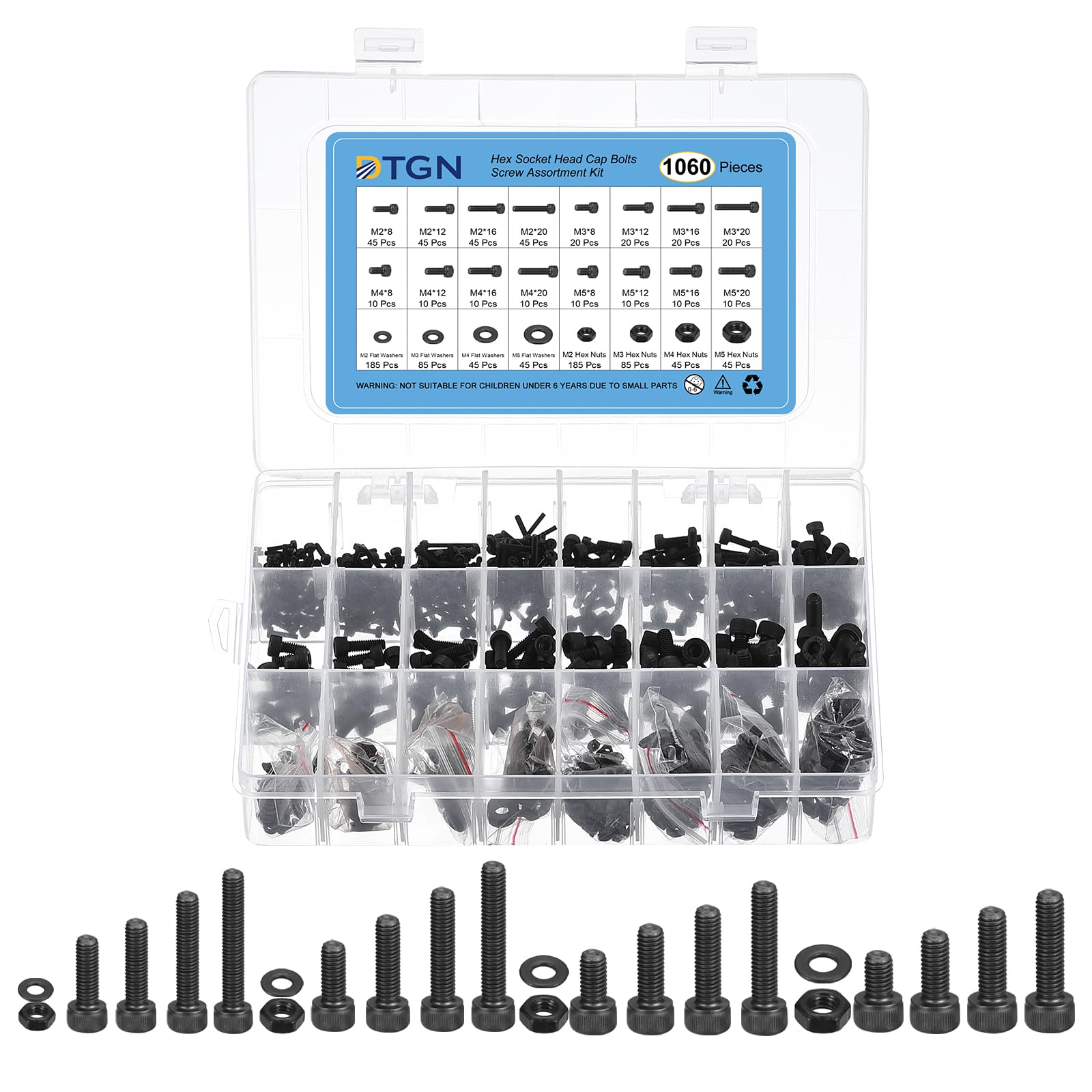 DTGN 1060Pcs Metric Screw Assortment, M2/M3/M4/M5 Bolts and Nuts Kit, 12.9 Grade Steel Steel M2/M3/M4/M5x8/12/16/20mm Hex Socket Head Cap Screws Bolt Set With Washer