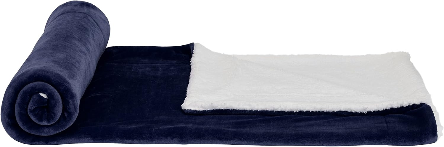 Basics Soft Micromink Sherpa Blanket - Throw, Navy Blue: Home & Kitchen