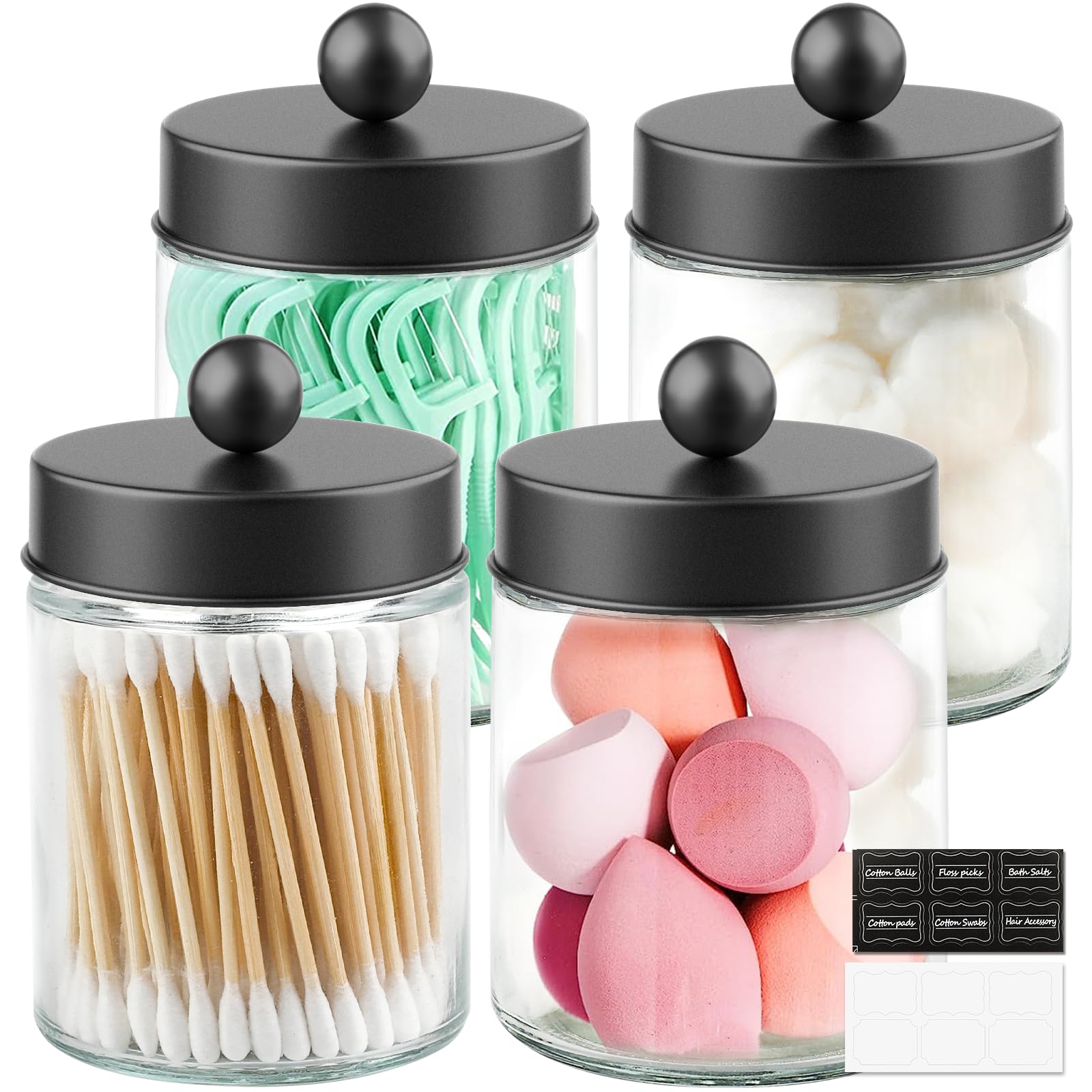 Photo 1 of Goramio 4 Pack Glass Apothecary Jars with Lids for Bathroom, Cute Qtip Holder, Black Bathroom Accessories Set, Small Bathroom Canisters with Lids for Q-Tips, Cotton Swabs, Black Bathhouses Decor