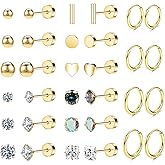 Hypoallergenic Titanium Earrings for Sensitive Ears 14K Gold Plated Opal Ball CZ Heart Flat Back Earrings for Women Men Small Surgical Steel Flatback Stud Hoop Cartilage Earring Set for Multiple Piercing