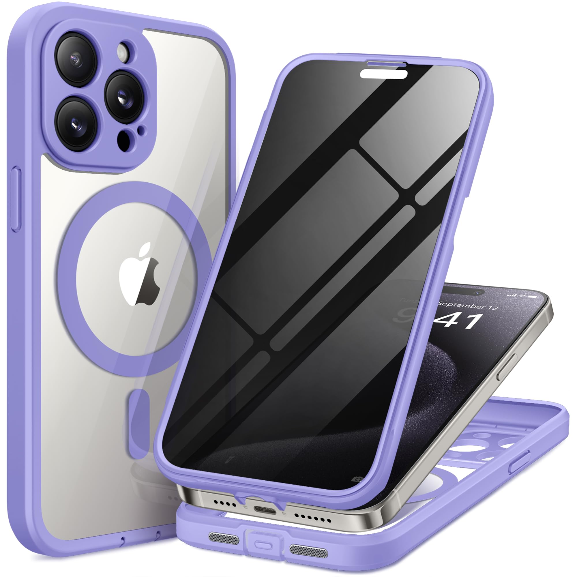 Photo 1 of TIESZEN for iPhone 15 Pro Case, Compatible with MagSafe, Built-in Privacy Screen Protector and Camera Protection, Anti Spy Full Body Dustproof Shockproof Hard Phone Case 6.1", Light Purple