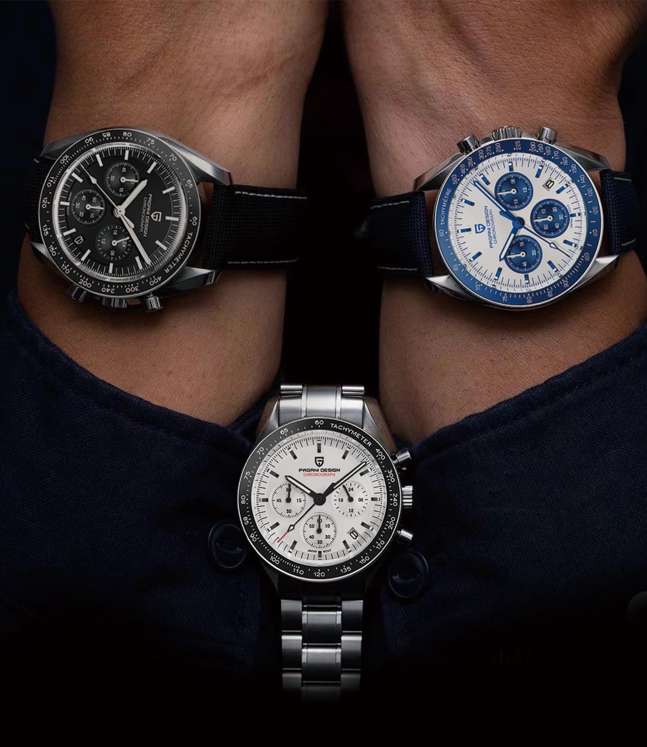 RollsTimi Pagani Design 1701 Men's Watch White Dial Men's Quartz Chronograph Japan VK63 Movement Stainless Steel Bracelet 100M Water Resistant Sport Watch.