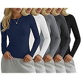Locoowai 5 Pack Womens Compression Shirts Long Sleeve Crew Neck Undershirts Stretchy Workout Tops for Athletic Running Yoga