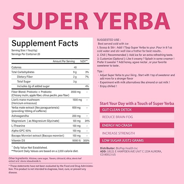 SUPER YERBA,YERBA MATE INSTANT TEA POWDER，RASPBERRY LEMONADE FLAVOR，YERBA MATE SUPPLEMENTS WITH PREBIOTICS AND PROBIOTICS，ENERGY BOOST, PROMOTE MENTAL CLARITY AND GUT HEALTH ， LOW SUGA (200G)
