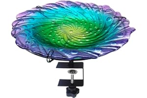 MEETJOYANCY Deck Mounted Bird Bath, Deck Bird Bath for Deck Railing, Glass Ripple Bird Baths Bowl Detachable, Deck Bird Feeder with Heavy Duty Adjustable Base, Railing Bird Bath for Deck, Balcony, Fence-Colorful