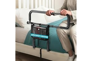 FORTEMOTUS Bed Rails for Elderly Adults Safety with Foldable & Retractable Grab Bar Handrails, ASTM Bedside Rail with Adjustable Height, Storage Pocket & Safety Strap