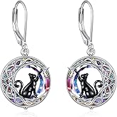 VONALA Black Cat Earrings Moon Cat Earrings for Women Sterling Silver Leverback Earrings Cat Jewelry Gifts Birthday Valentine's Day Earrings