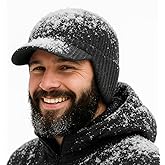 Plus Size M/L/XL/XXL Waterproof Merino Wool Beanie Hat with Brim Ear Flaps Fleece Lined Ski Cap for Cold Weather & Big Heads