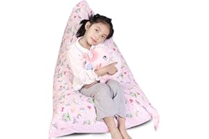 LOLOMLO Stuffed Animal Storage Bean Bag Chair Cover, Cotton Pink Unicorn Rainbow Plush Toy Storage Stuff and Sit Seat for Kids/Teens/Adults, 52" x 31" Extra Large Triangle Sofa, 200L/52Gal, Cover Only