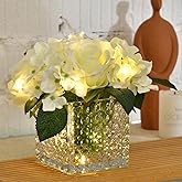Fule Artificial Silk Rose Flower Centerpiece Arrangement in Glass Vase with LED Light for Home Wedding Decoration (White)