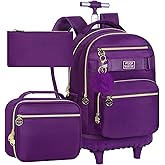 TXHVO 3Pcs Rolling Backpack for Girls Women, 19 Inche Adults Roller Backpacks with Wheels, School Wheeled Bookbag with Lunch Box(Deep Purple)