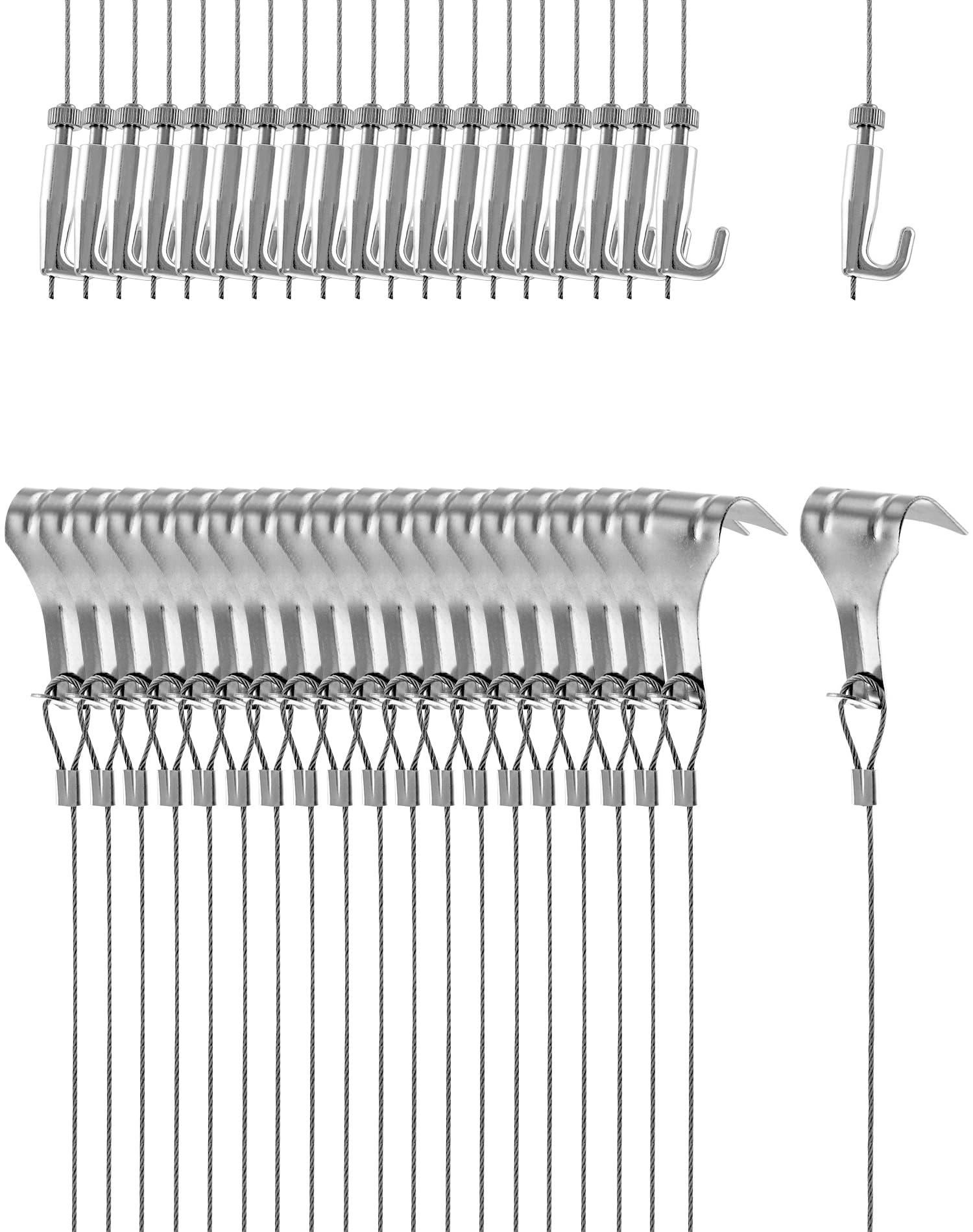 QWORK® Picture Hanging Wire Kit, 2m × Φ1.5mm Stainless Steel with Wire Adjustable Hook and Rail Moulding Hook Hold Up to 40 KG (20 pcs)