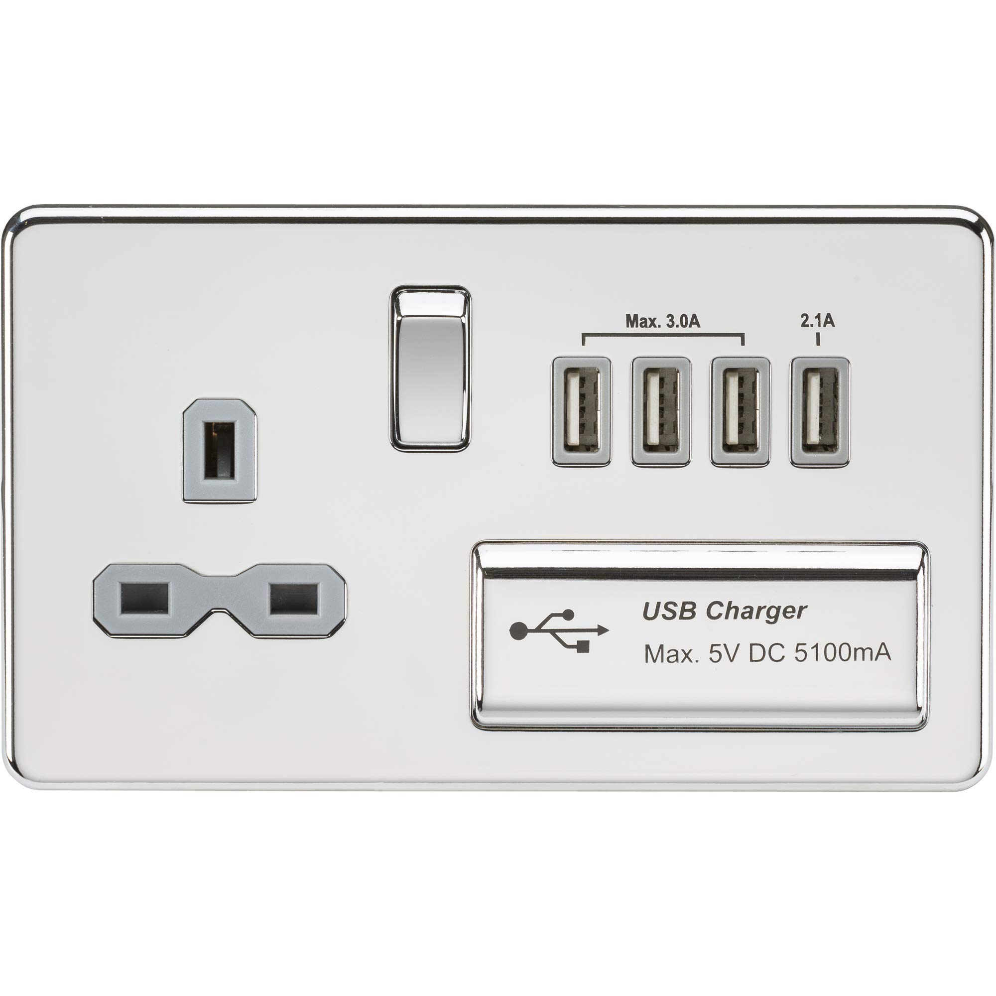 Knightsbridge SFR7USB4PCG Screwless Switched Socket with 5.1 A Quad USB Charger, Polished Chrome with Grey Insert, 13 A