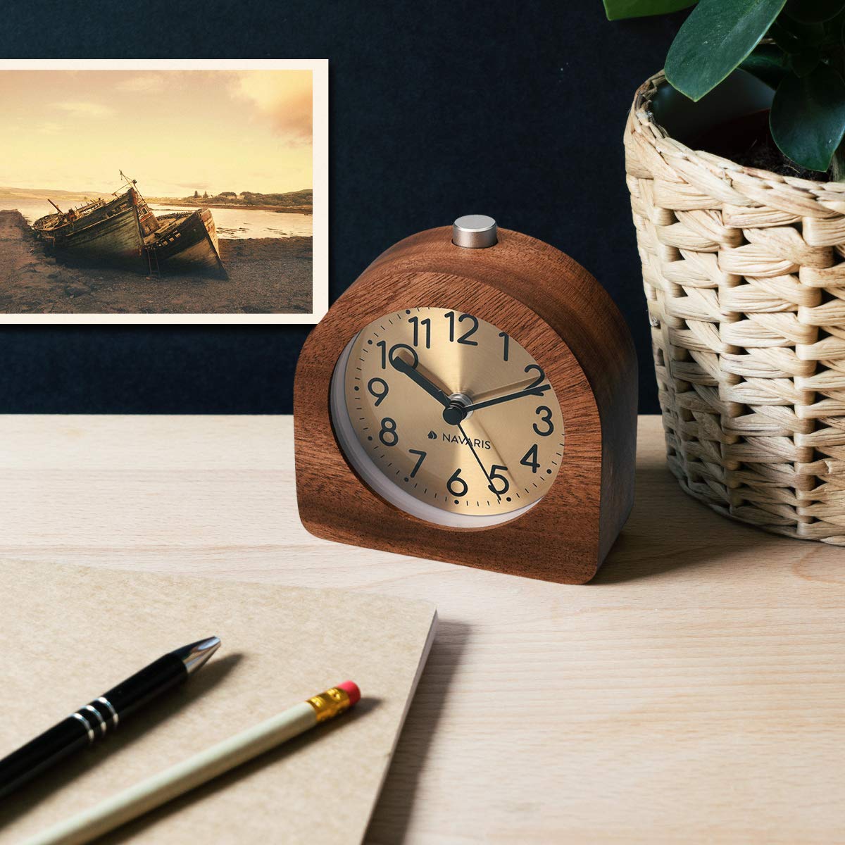 Navaris Wooden Alarm Clock with Analog Snooze - Retro Clock Light Alarm Scale - Quiet Vintage Table Clock Semicircle - Dark Brown