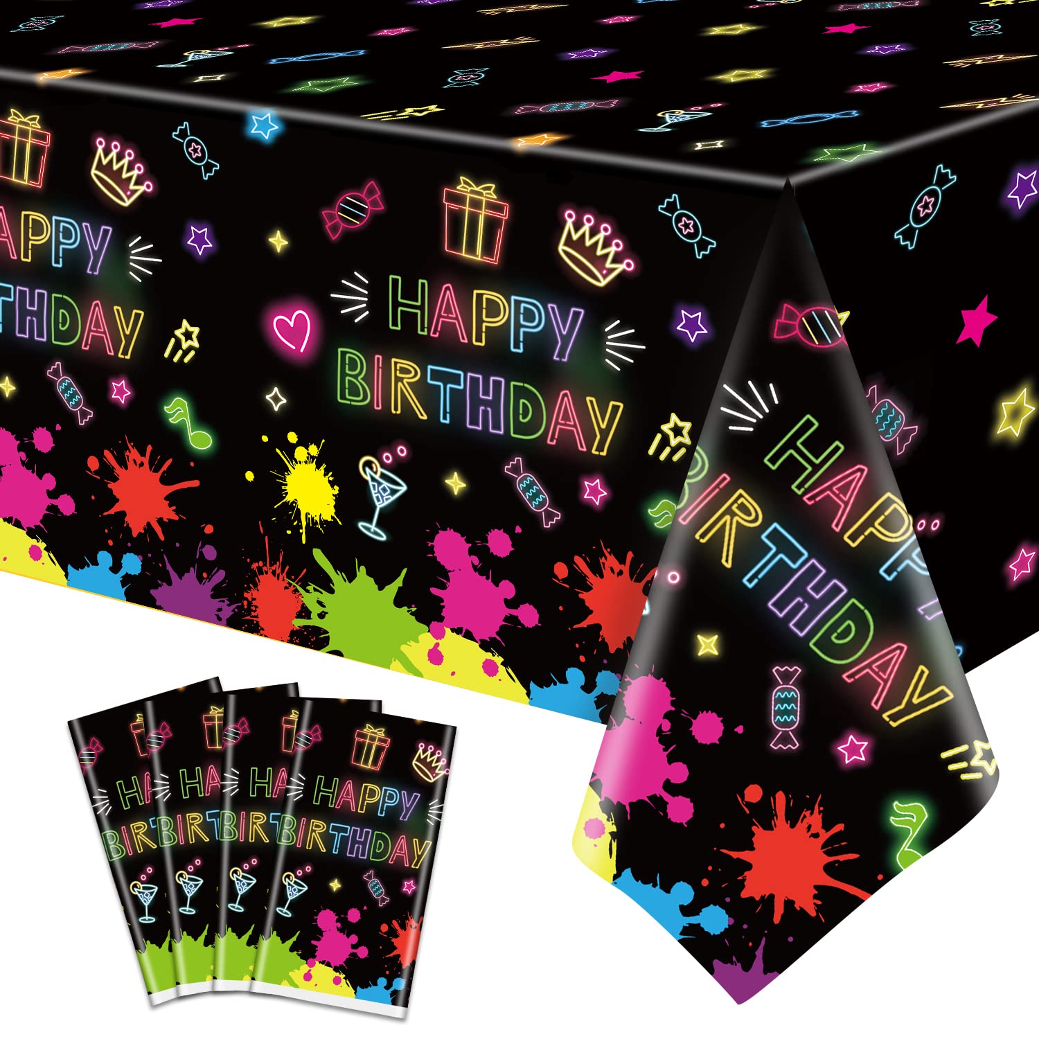 4 Pack Glow Party Table Covers Neon Tablecloths Disposable Plastic Glow Table Cloth Black Light Tablecloth Neon Party Decorations Glow in The Dark Party Supplies Blacklight Decor 86 x 51 Inch