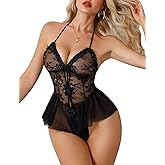 Aranmei Women Sexy Lingerie Bodysuit Lace Teddy V Neck Mesh Chemise One Piece Babydoll Lingerie