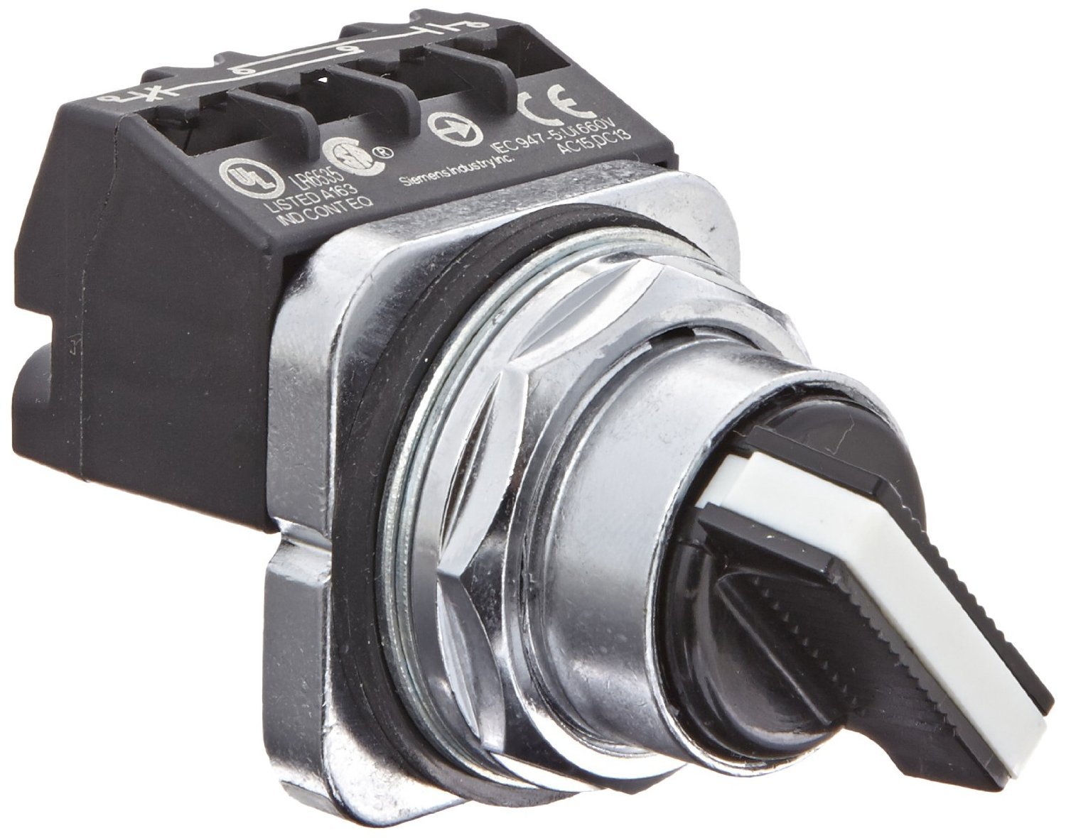 Siemens 52SA2AABA1 Heavy Duty Selector Switch Unit, Water and Oil Tight, 2 Positions, Short Lever, Maintained Operation, A Cam, 1NO + 1NC Contact Blocks