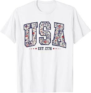 Floral USA Est 1776 Patriotic Wildflower 4th of July Retro T-Shirt