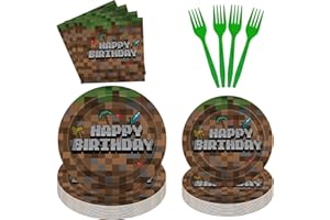 ACHARD 96PCs Pixel Game Birthday Party Supplies Pixel Miner Plates and Napkins Forks for Birthday Pixelated Video Game Party Supplies Decorations