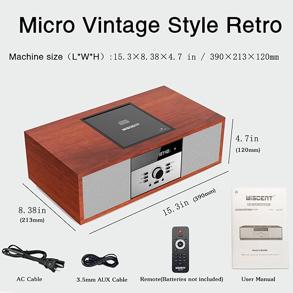 NOSTALGIC BLUETOOTH STEREO SYSTEM FOR HOME, WISCENT VINTAGE MICRO HIFI SYSTEMS CD PLAYER,WITH BLUETOOTH AUDIO STREAMING,FM RADIO,USB PORT,AUX-IN,EARPHONE PORT (BROWN)