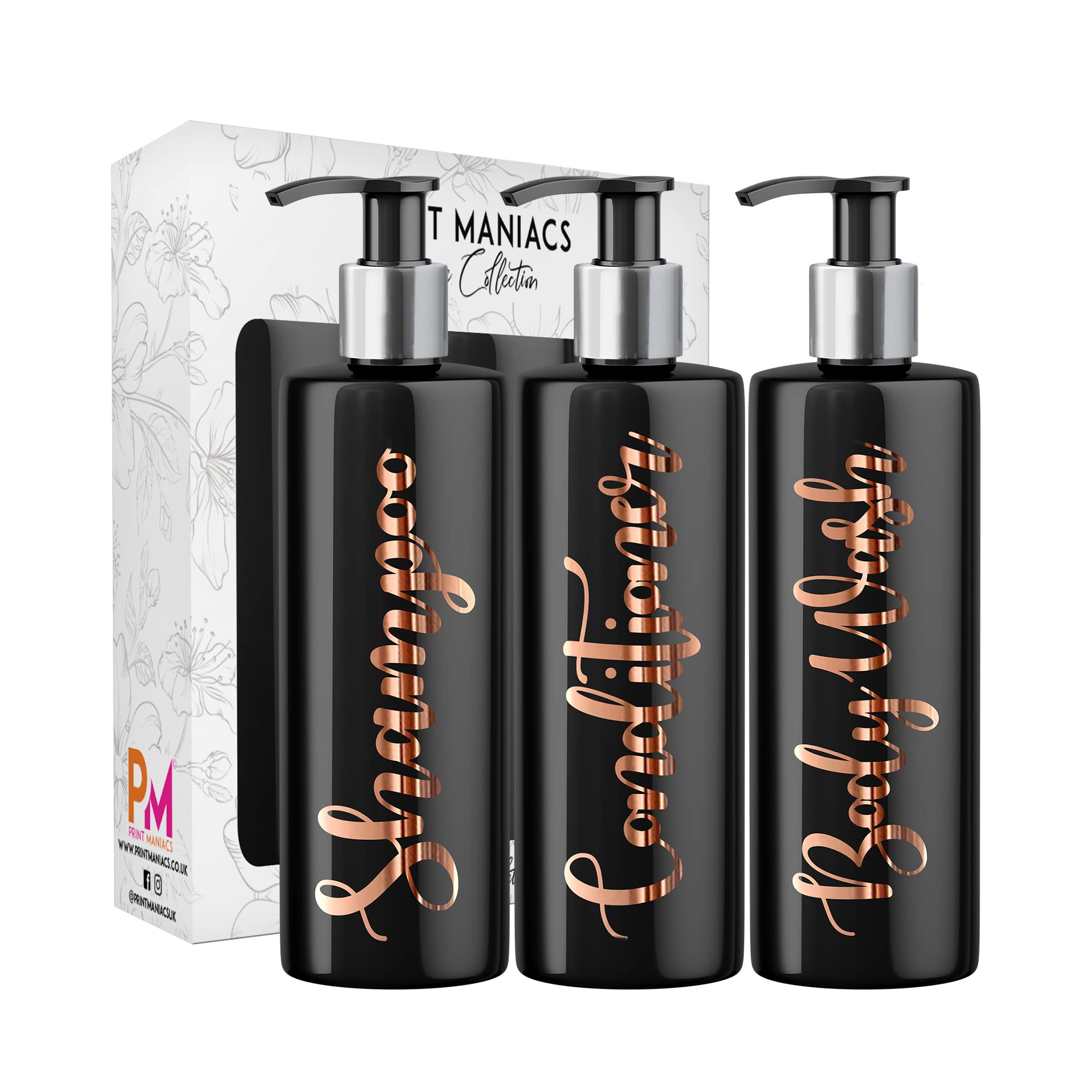 Print Maniacs 3 Set Mrs Hinch Inspired Black Personalised Dispenser Pump Bottles Shampoo Conditioner Body Wash (Copper)