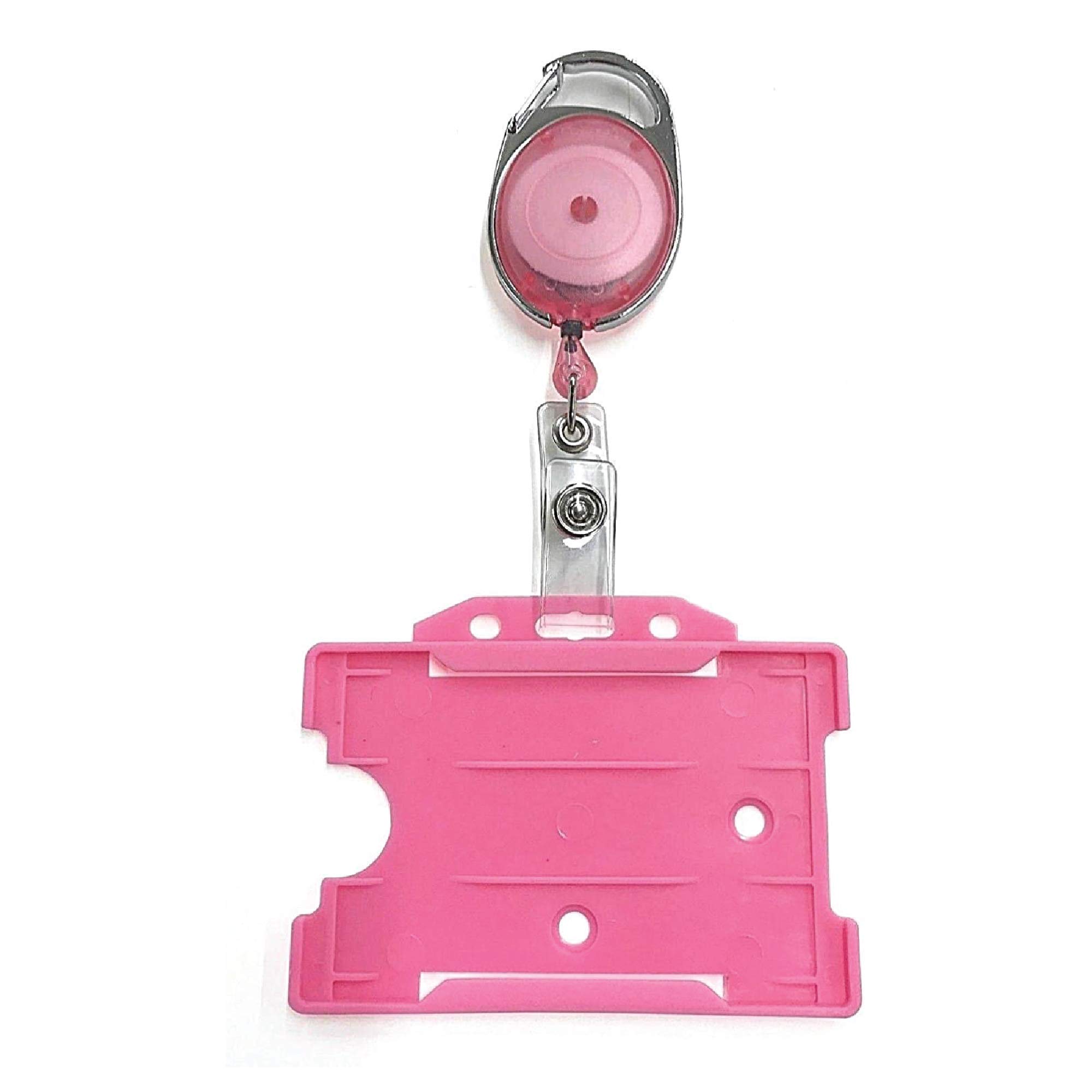 PCL Media ltd Pink Retractable Badge Reel with Carabiner Clip and Pink ID Card Holders, Open-Faced Rigid ID Badge Holder - Holds One ID Card Ski Pass Holder