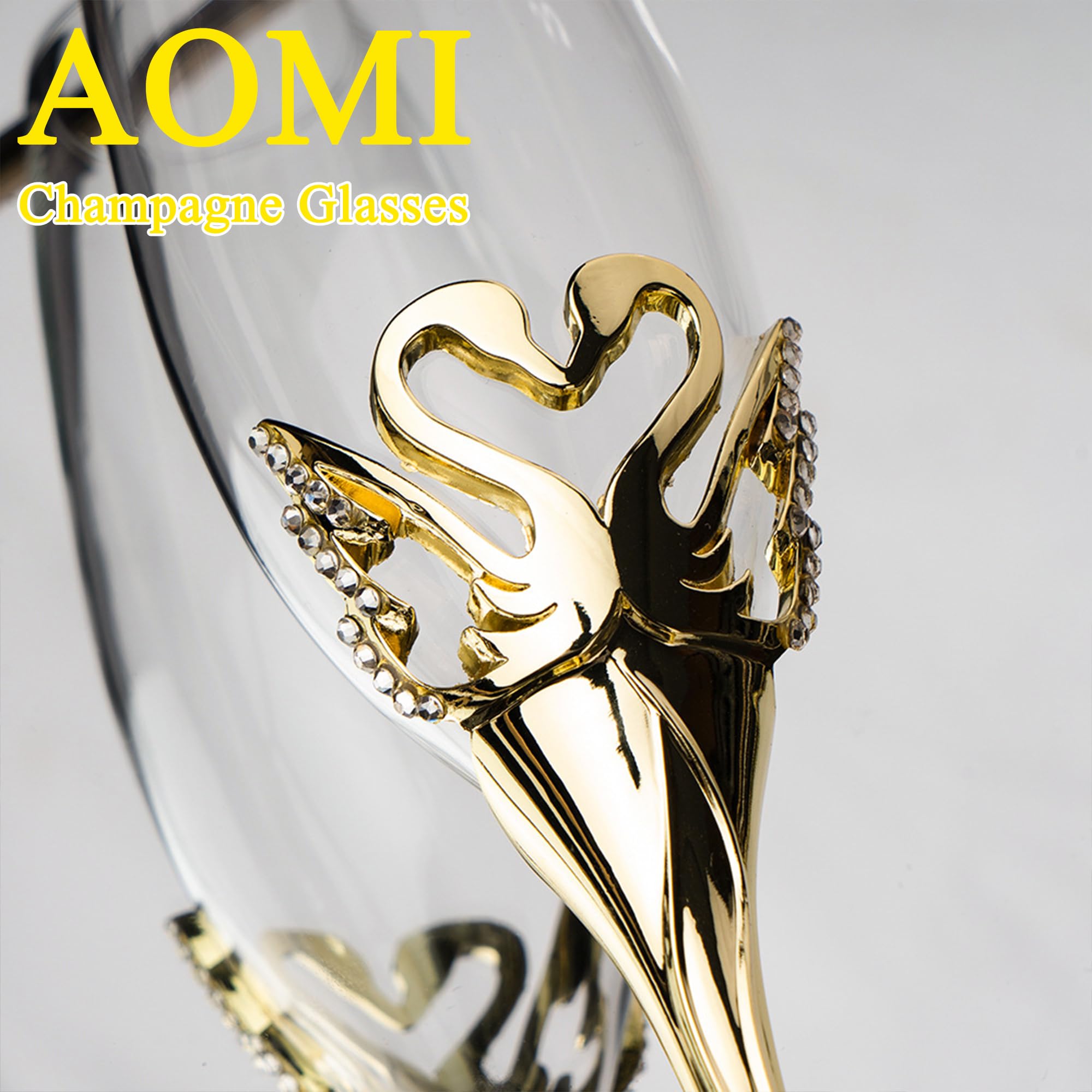Luxury Champagne Glasses Flutes Set of 2 - Elegant Crystal Gold Lead-Free 8oz Glass Swan-Design Diamond-Accented Heart-shaped Zinc Alloy Base, for Weddings Party Birthday Anniversary Romantic Gifts