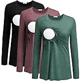 Ekouaer Women Long Sleeve Nursing Shirts 3 Pack Breastfeeding Round Neck Top Double Layer Maternity Tshirt Pregnancy Clothes