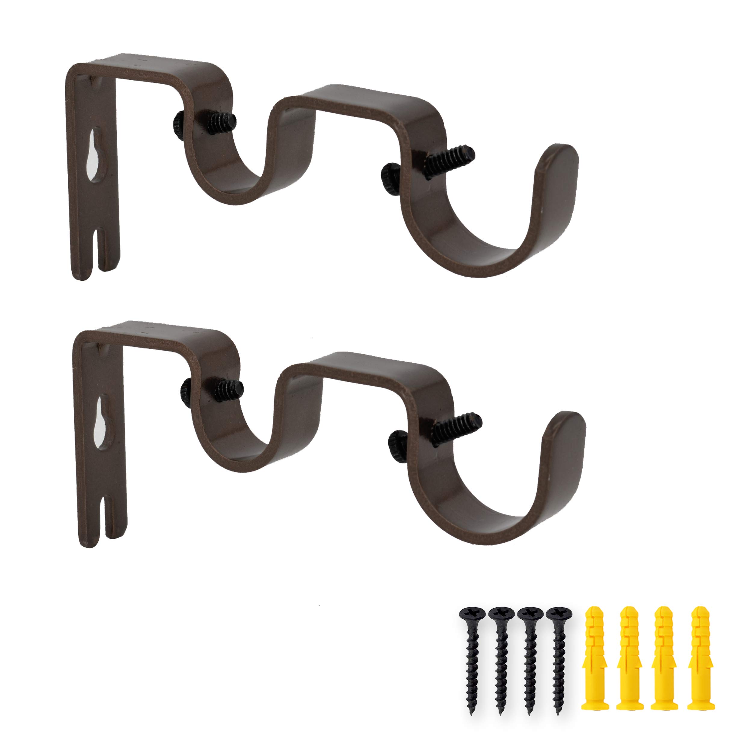 AddGrace 2 PCS Double Curtain Brackets Heavy Duty for 1" and 5/8" Rod Wall Mounted Holders for Living Room Bedroom Brown
