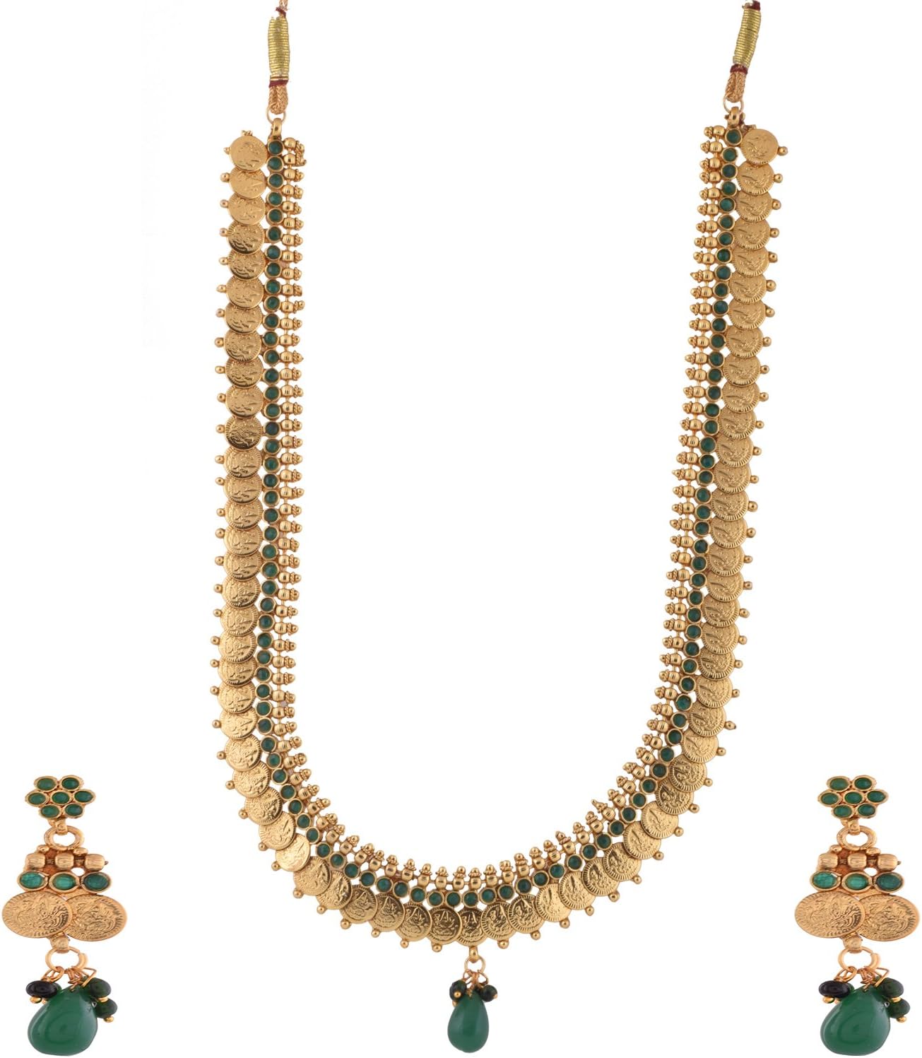 Ganapathy Gems 1 Gram Gold Plated South Indian Lakshmi Coin Long With Green Stones Necklace set for Women
