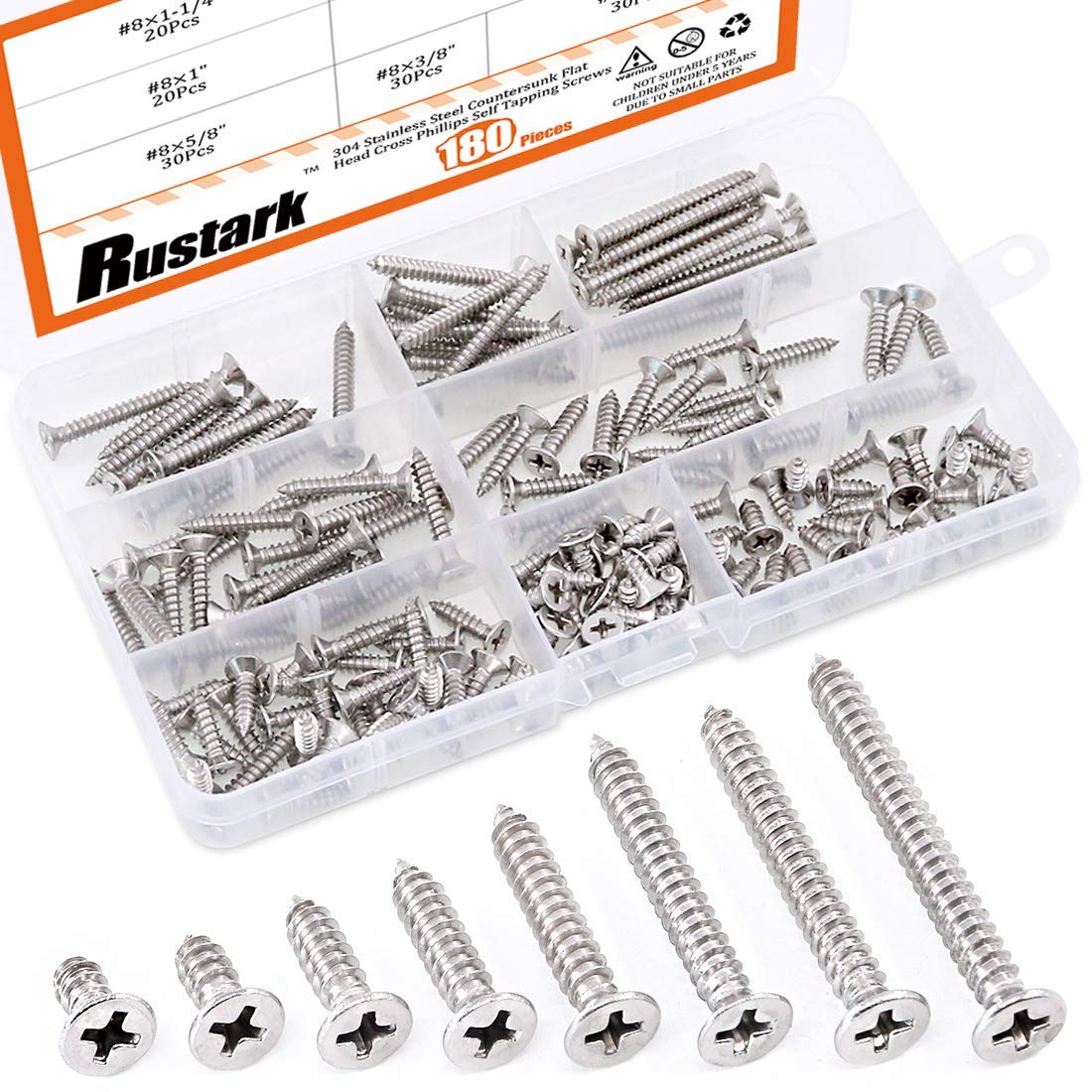 Rustark 180Pcs M4.2 10mm-40mm 304 Stainless Steel Countersunk Flat Head Phillips Cross Wood Screws Self Tapping Drilling Screw Assortment Kit