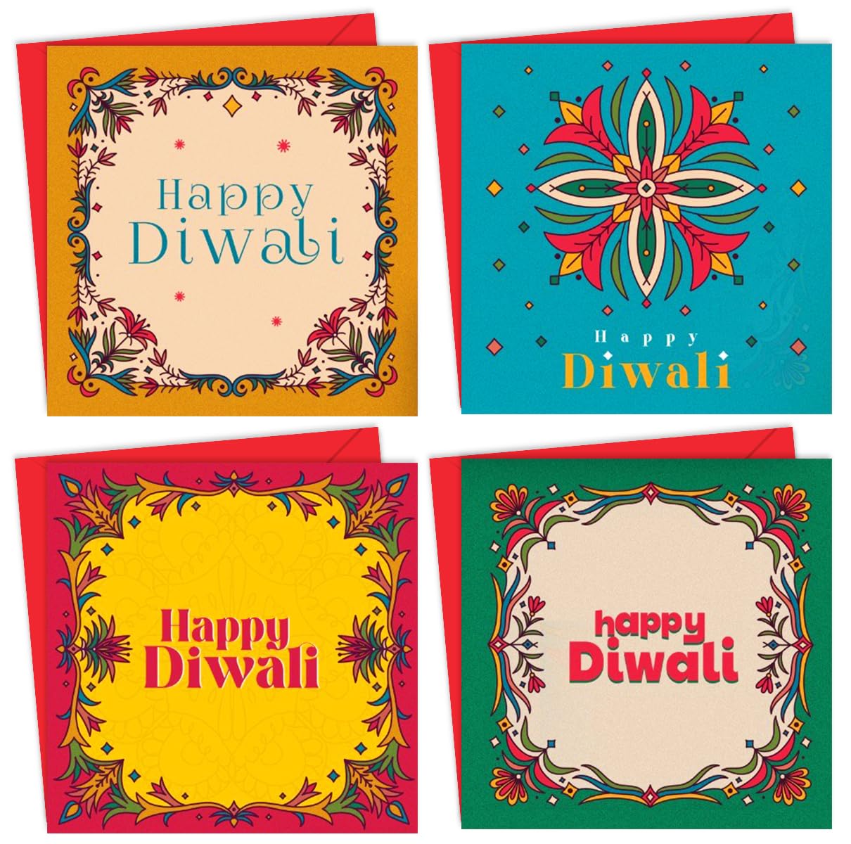 Giftinghouse Premium Diwali Cards Multipack with Envelopes - 8/12 Pcs of Happy Diwali Cards – Eco-Friendly, Luxury Greeting Cards with Red Envelopes for decorations, family, friends (12 cards)